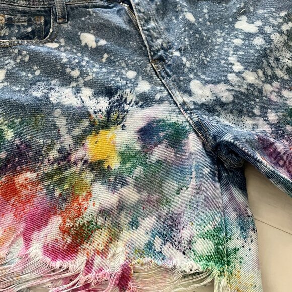 Distressed High Waisted Denim Shorts with Bold Color Splatters Size 8 - Picture 6 of 10